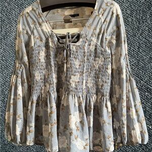 American Eagle Outfitters Floral Smocked Blouse - Gray Medium